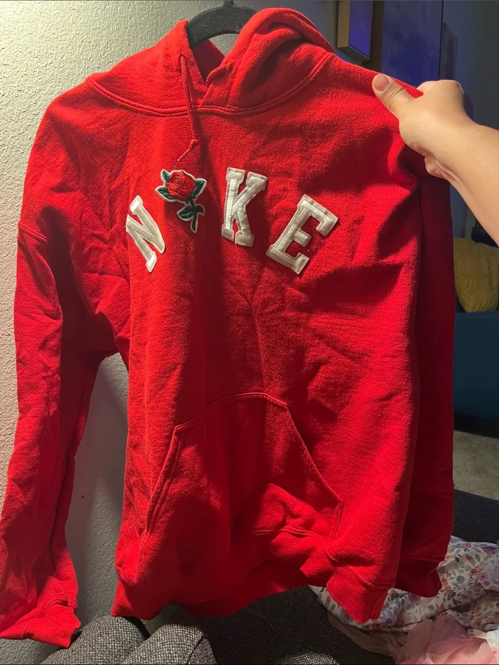 Nike Red Hoodie with White Lettering and Rose Patch